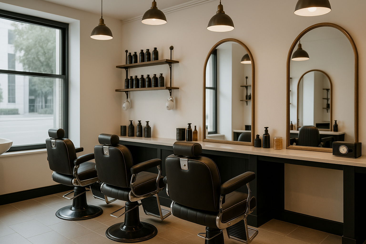 Moderner Barbershop mit schwarzen Lederstühlen und eleganter Einrichtung